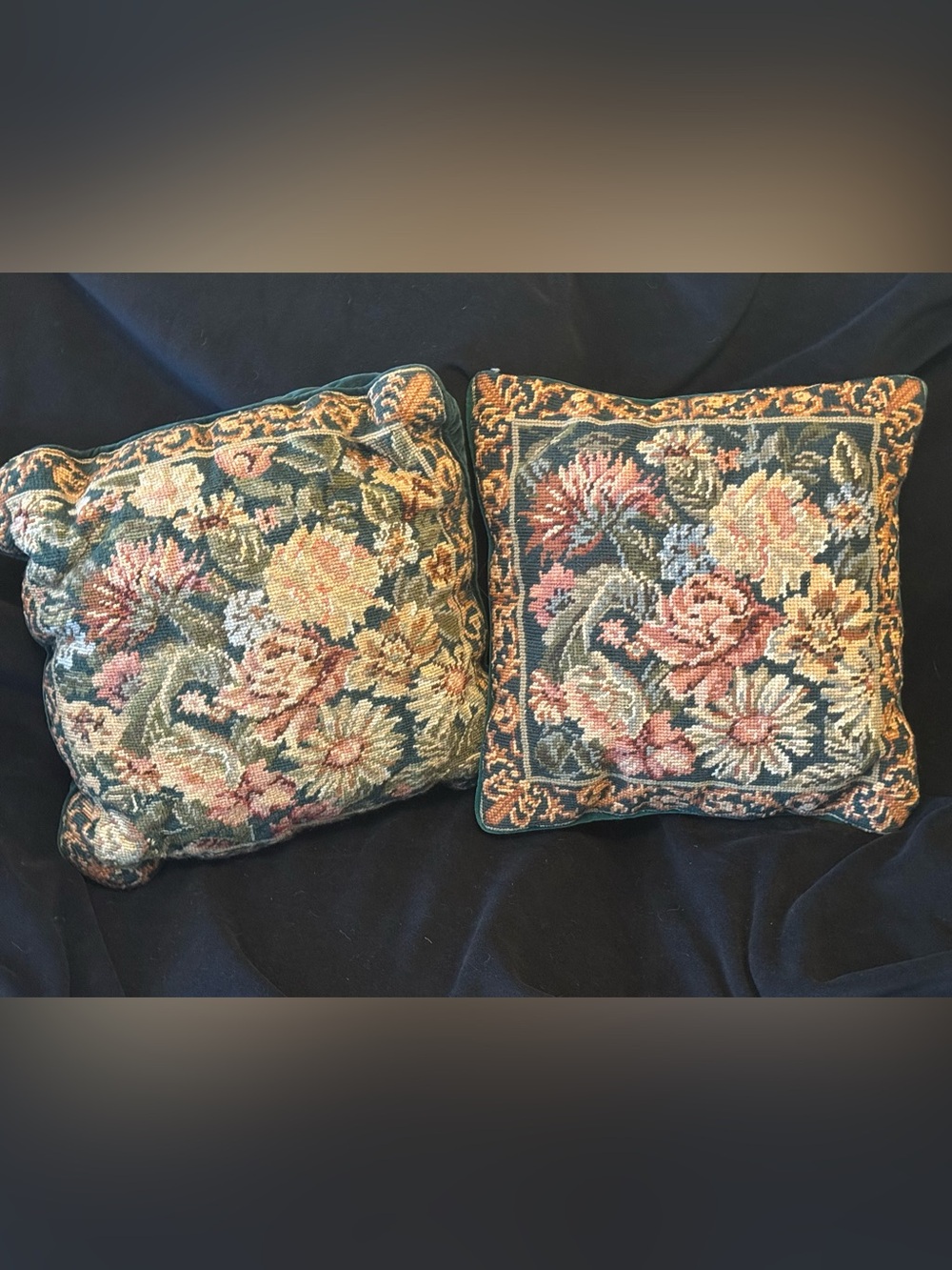 Vintage-Inspired Floral Needlepoint Accent Pillow Pair in Green and Pink